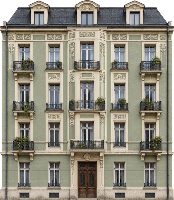Fassade eines Jugendstil-Wohnhauses mit Erker und Pflanzenreliefs