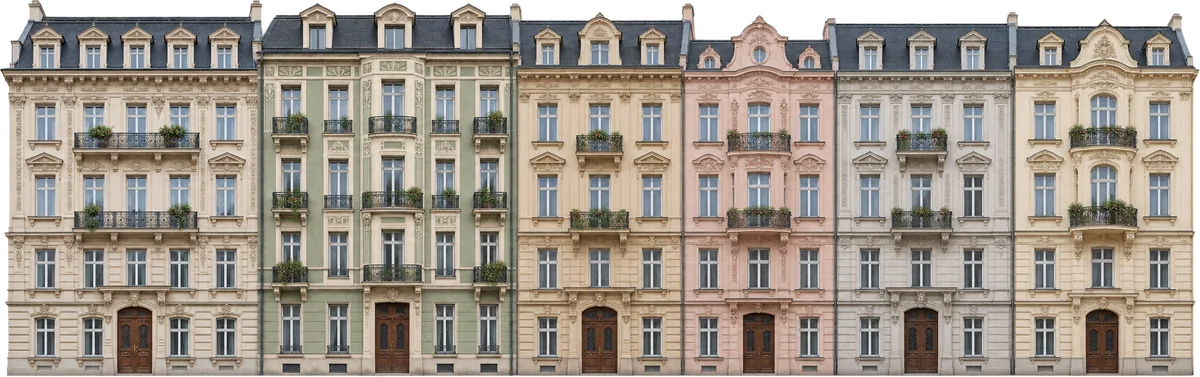 Häuserzeile aus sechs Gründerzeit- und Jugendstilbauten